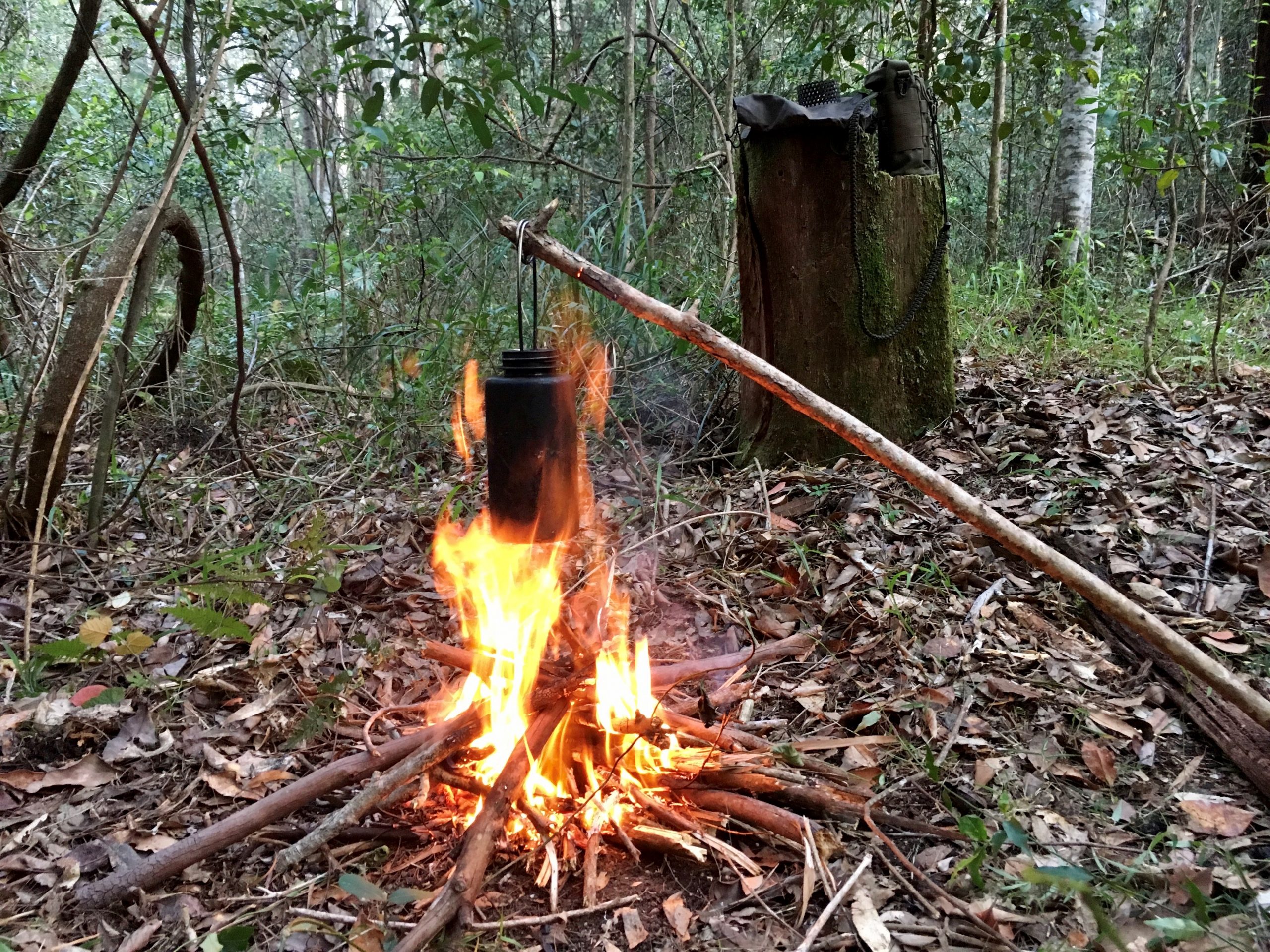 Cooking pot hanging over a small campfire in bush surrounds